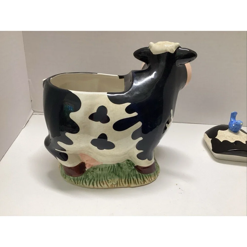 vintage GKRO ceramic cow cookie jar blue bird apples